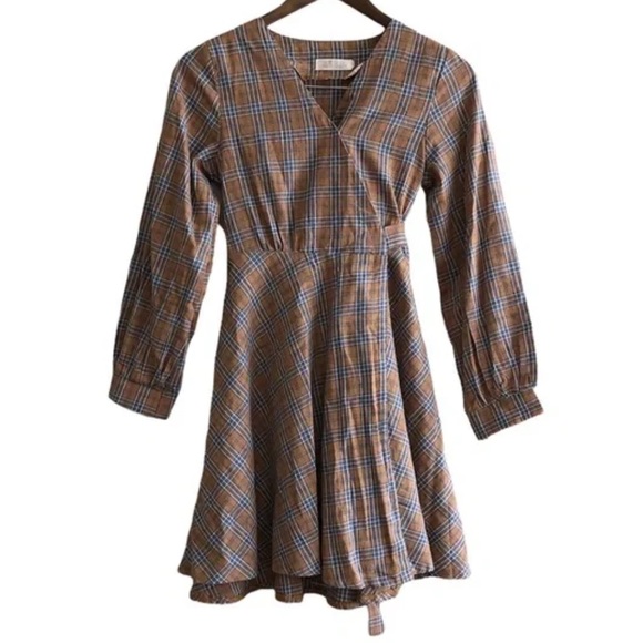 Preppy Plaid Wrap Skirt Tie Waist Long Sleeve V Neck Flowy Mini Dress Brown - Picture 2 of 11